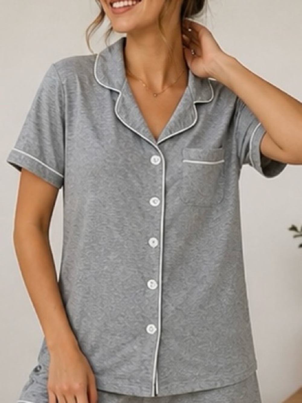 Women’s Gray Pajama Top Button Down Sleep Shirt Soft Lounge Shirt